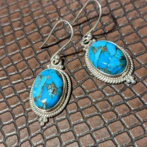 Silver 925 Blue Copper Turquoise Drop Earrings